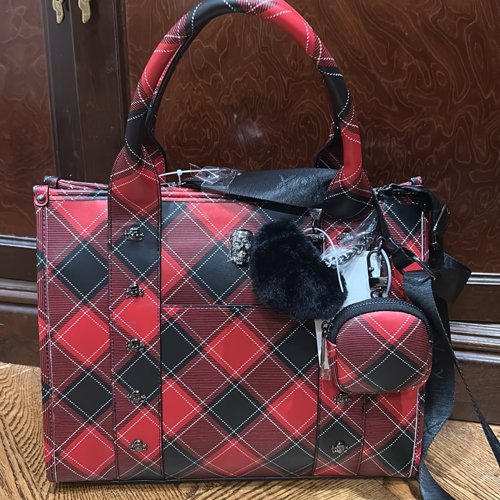 Betsey Johnson Red Plaid Skull Tote